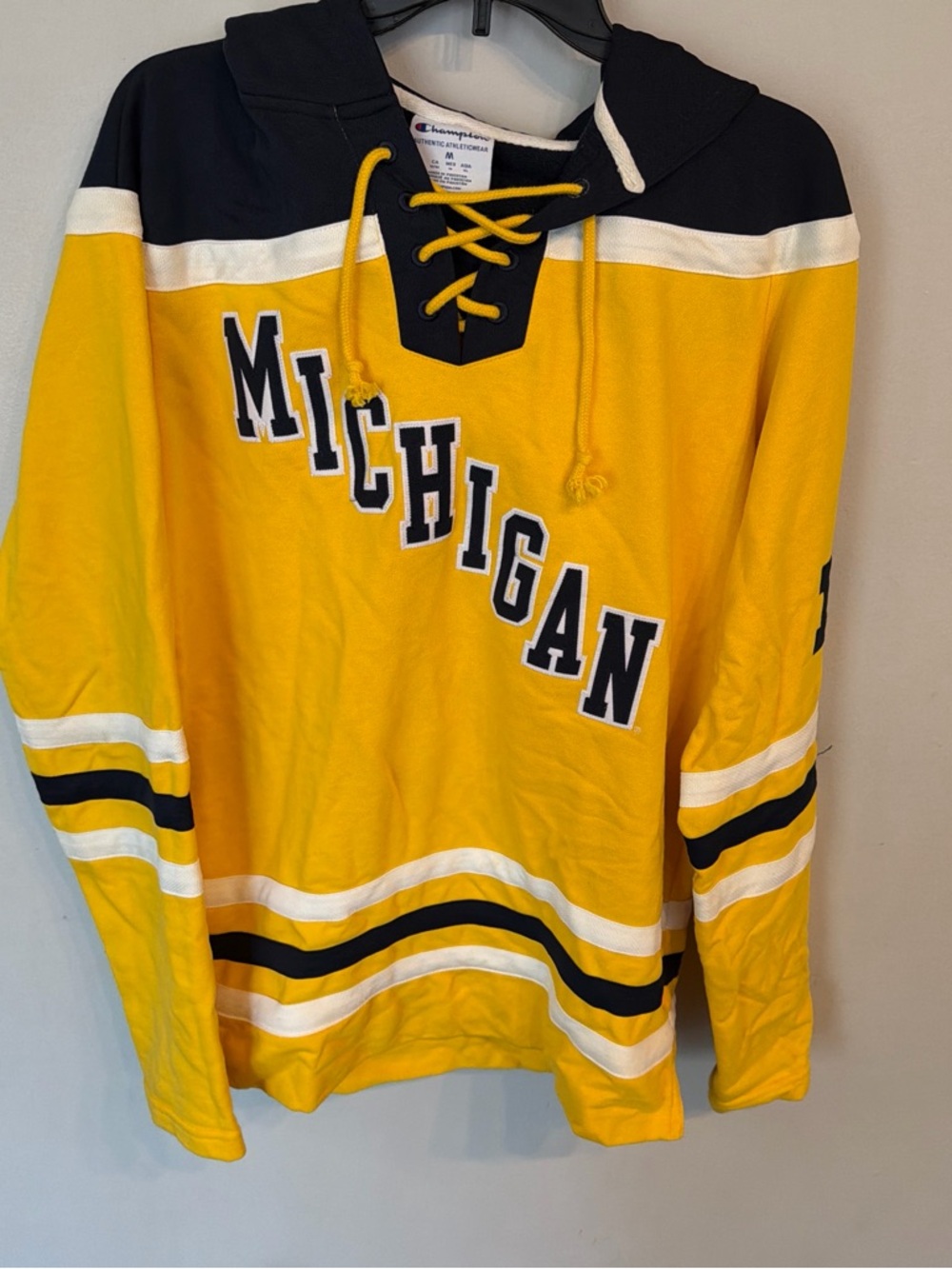Champion Men’s Michigan Lace-Up Crewneck Sweater in Yellow and Navy